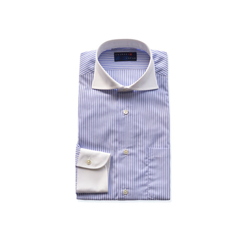 【日本製】 クレリックシャツ メンズ ビジネス 長袖 ワイシャツ ストライプ 綿100% サックス(2021-SSP17-sa)